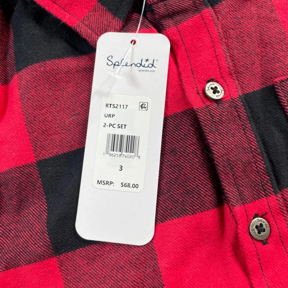 Splendid Kids Size 3 Red Black Buffalo Plaid Flannel Long Sleeve Shirt NWT READ‎